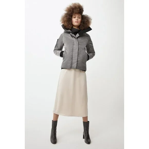 CANADA GOOSE Gray Satin Black Label EVERLEIGH Down Hooded Bomber Jacket XS